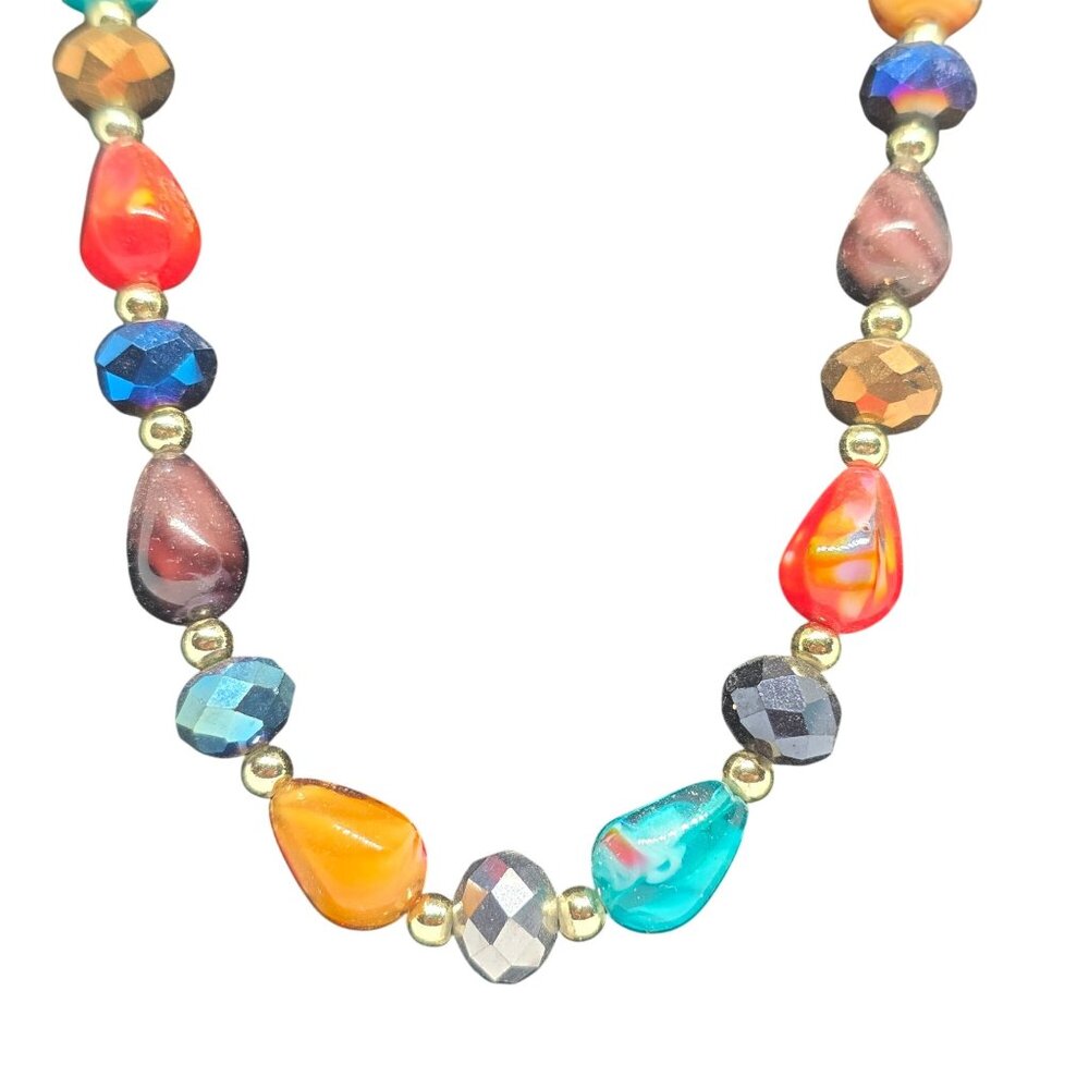 Multicolor Beaded Necklace 18” Gold Tone Chain Glass Acrylic Teardrop Boho State - Picture 3 of 9